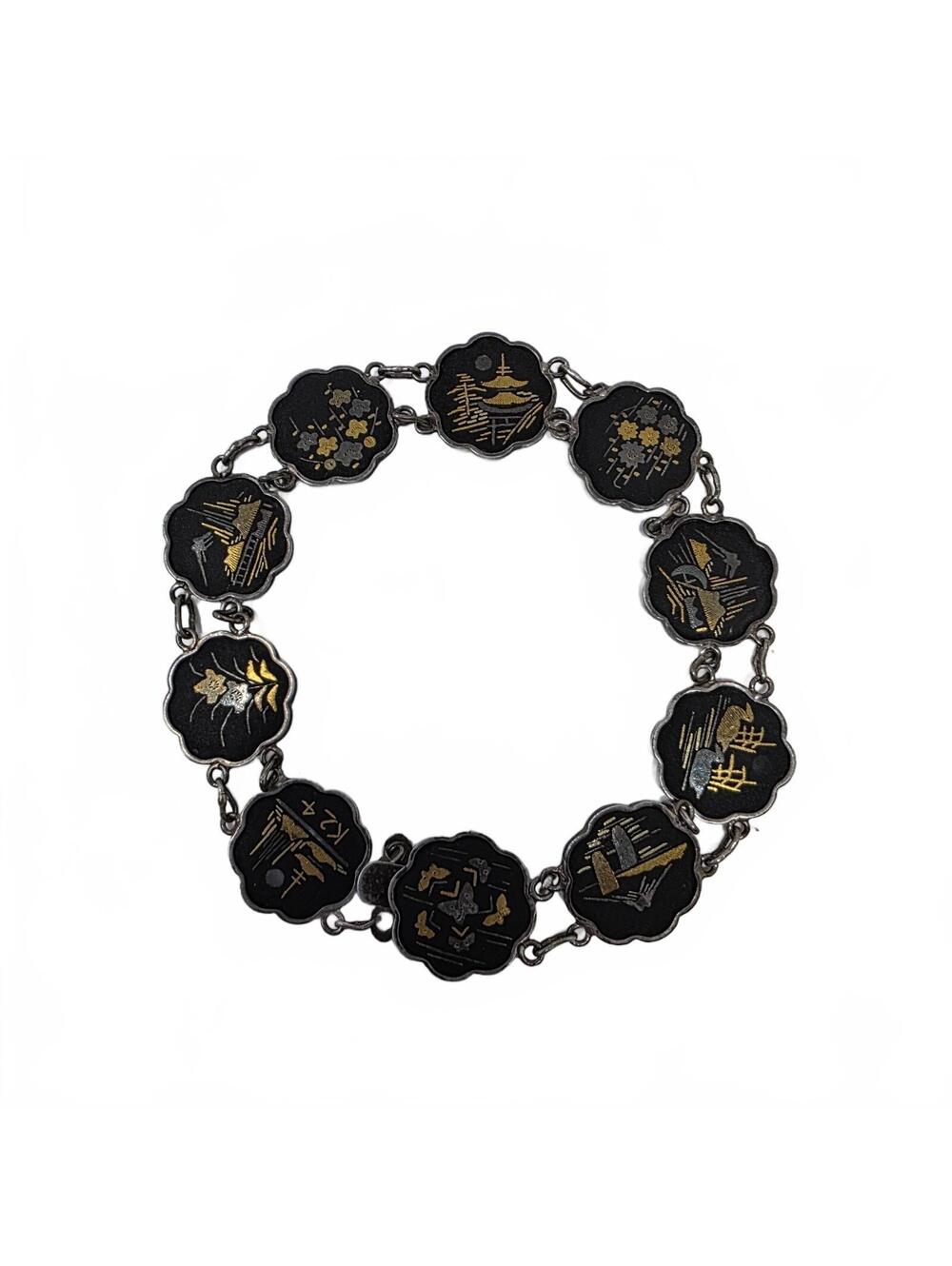 Vintage Japanese Damascene K24 Gold Inlay Sterling Panel Bracelet 7.25"